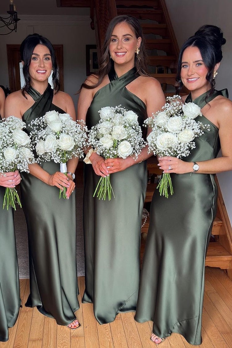 moss green color dress Tie Shoulder Ruched Bridesmaid PollyBoutique With belt detailing to enhance your gorgeous silhouette Mottled Moss Green, Green Floral