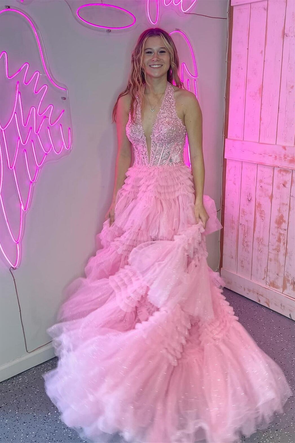 A Line Halter Pink Tulle Appliques Prom Dress LBQ4030 main image 1