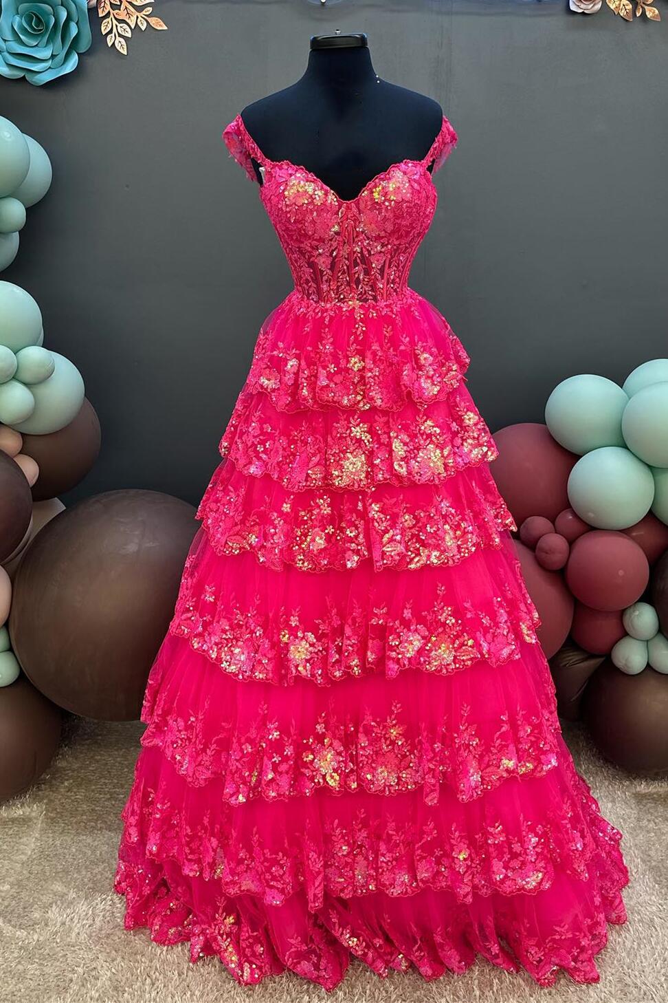 Strapless Pleated Bodice Tiered A-Line Dress Fuchsia main image 1