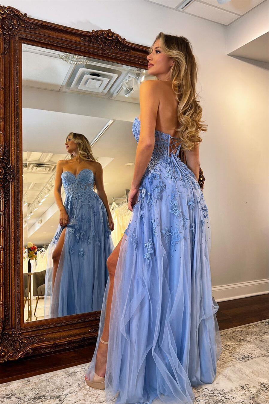 Sweetheart Blue Lace Appliques Long Formal Dress – Dressesforparty
