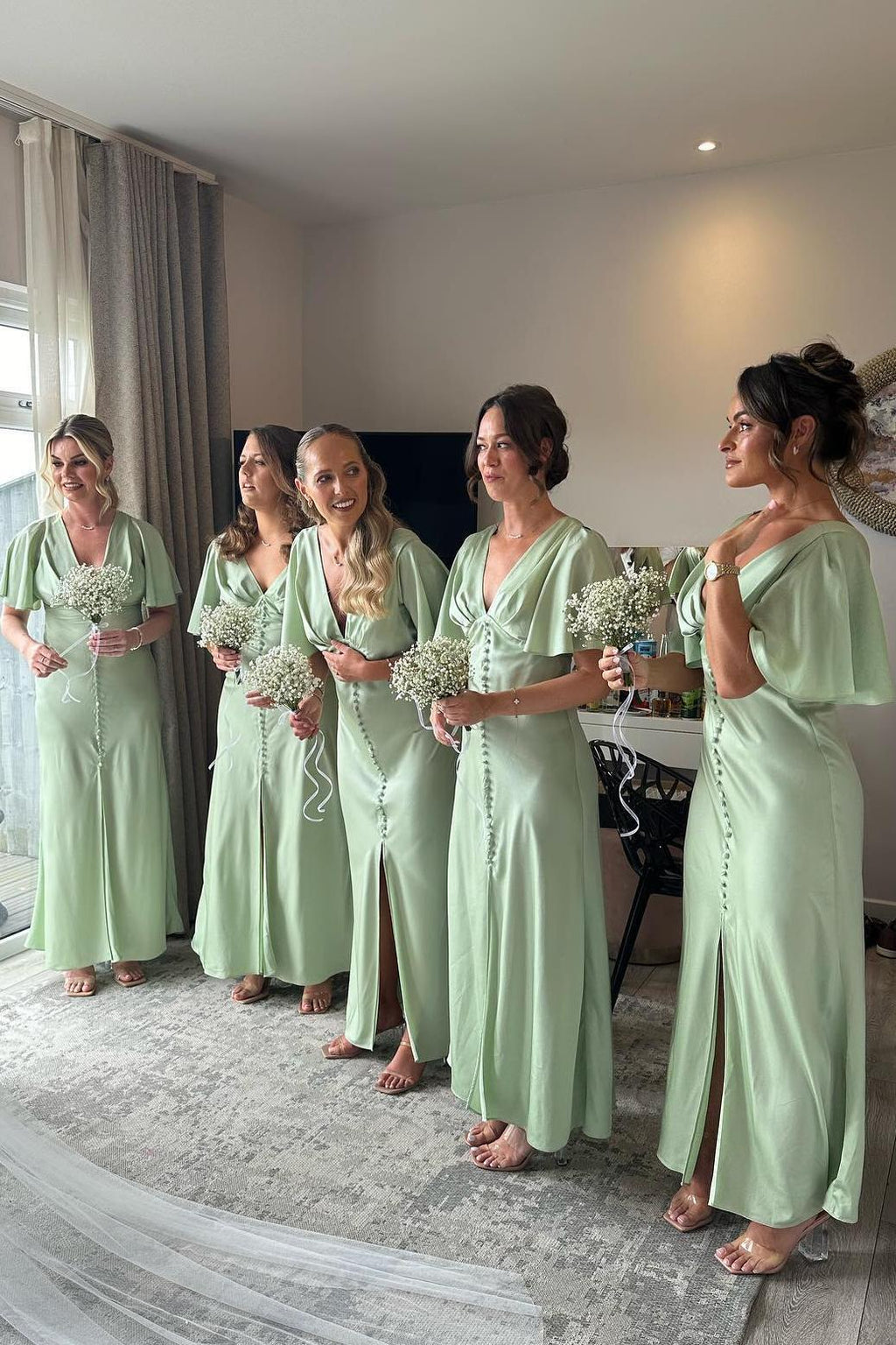 Flare Sleeves Sage Green Bridesmaid Dress with Buttons Dressesforparty Flare Sleeves Sage Green Bridesmaid Dress with Buttons Dressesforparty