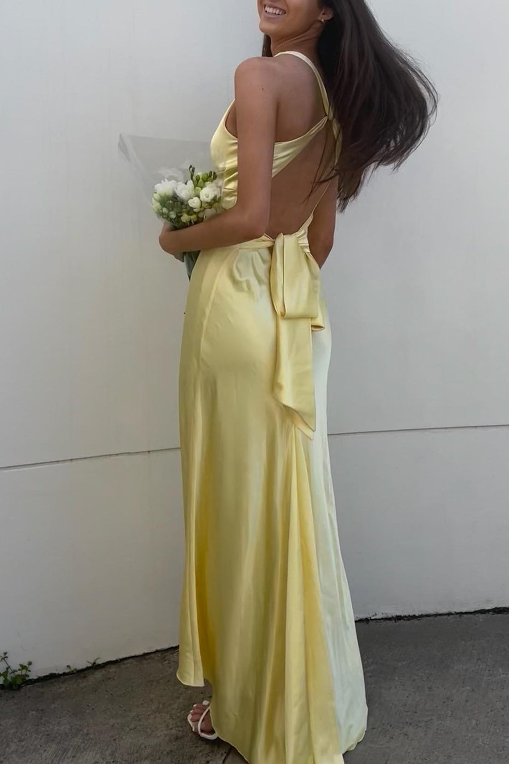 Stunning Ball Gown V Neck Yellow Satin Evening Gown Tiered Long Prom Dress LF946 main image 1