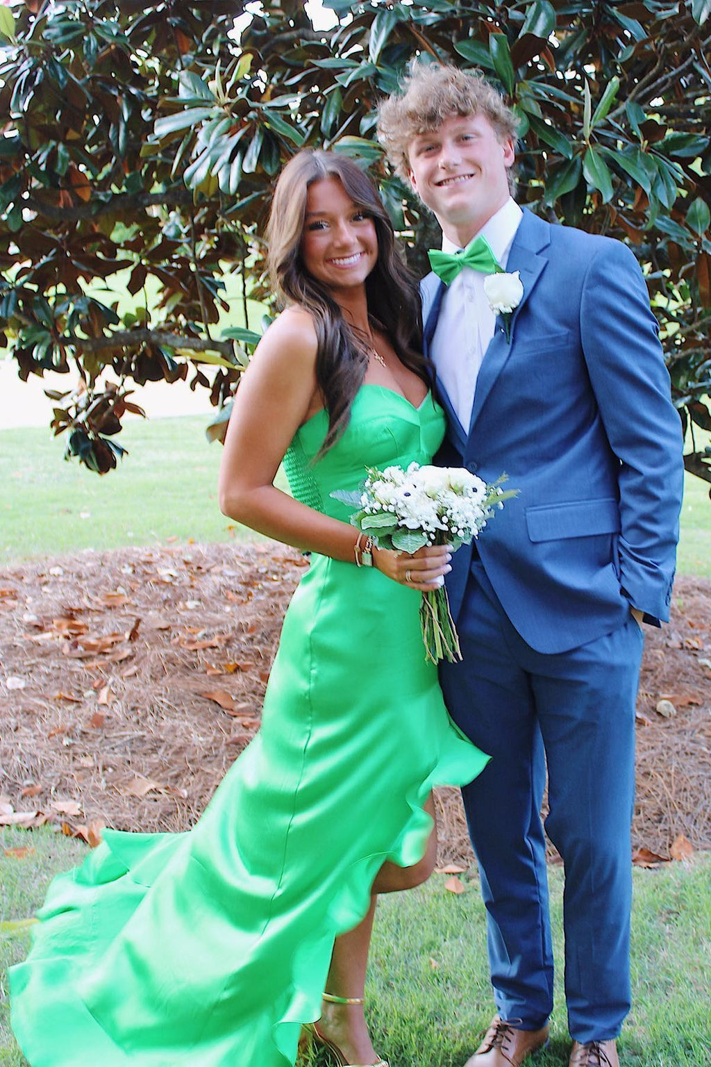 Sexy High Slit Strapless Ruched Floor-length Dress Dark Green