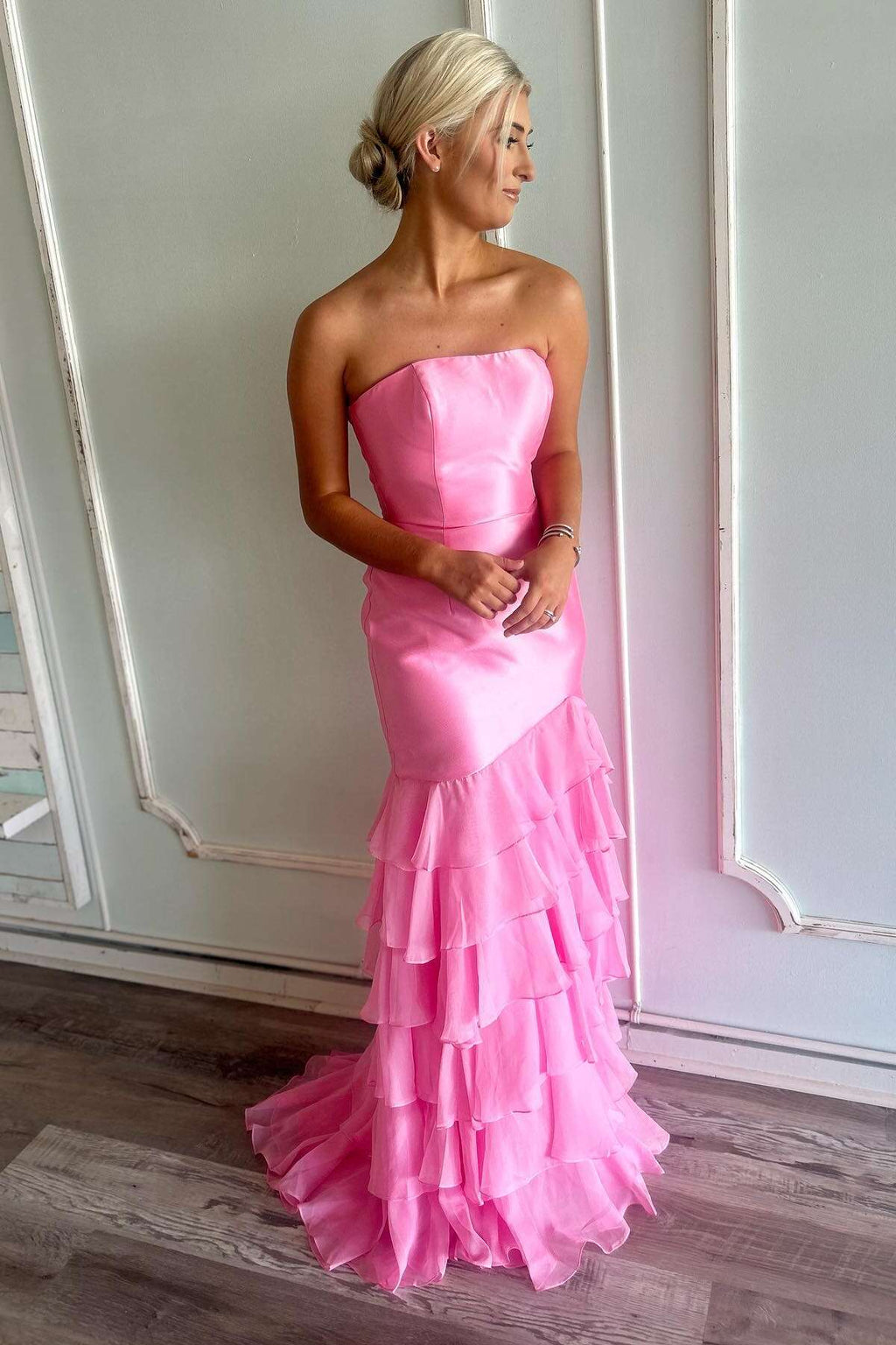 Vintage Hot Pink Strapless A-Line Ruffles Tiered High Slit Long Formal Party Dress DP3676 main image 0