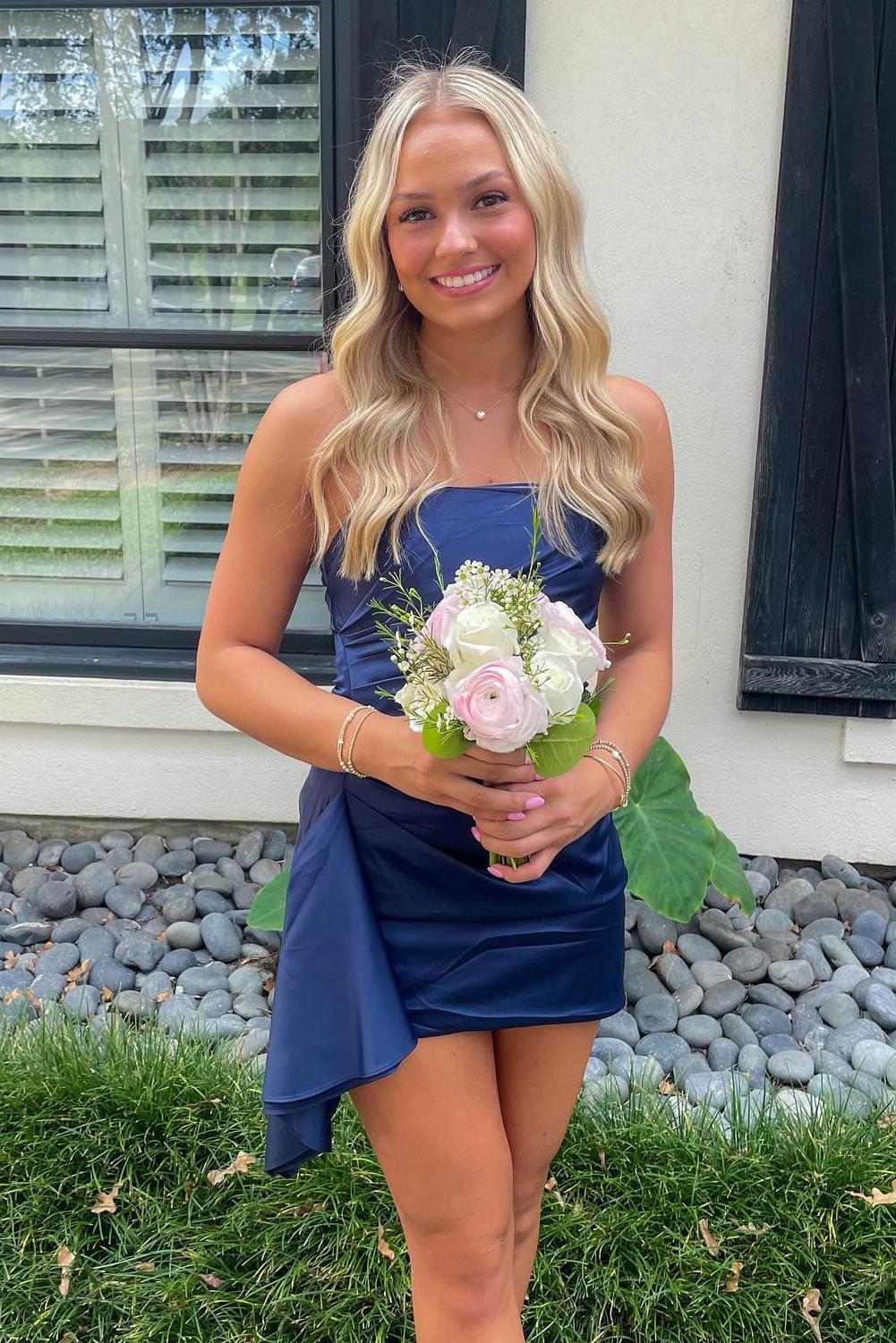 Strapless Navy Blue Mini Dress with Ruffle