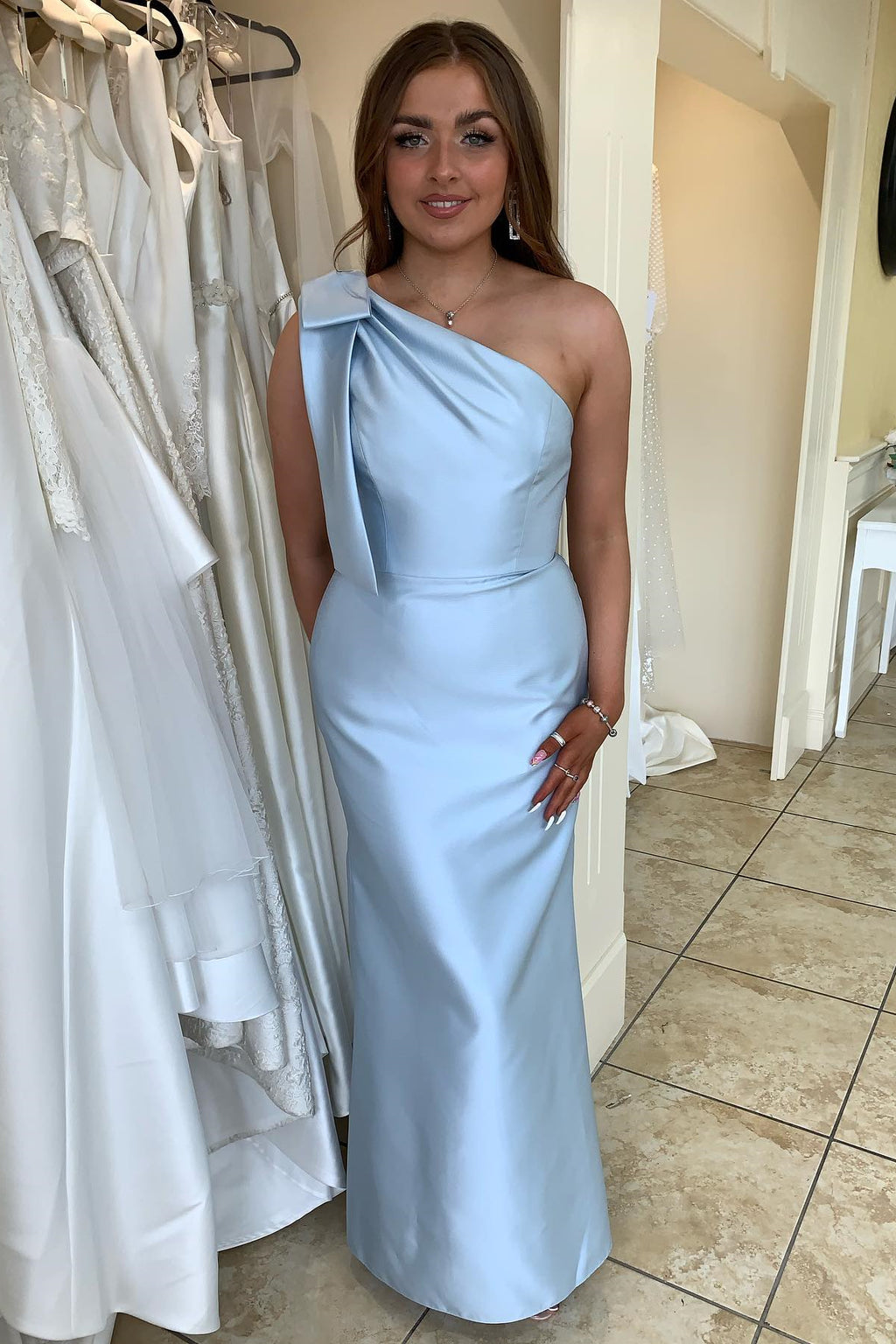 Light Blue Satin One-Shoulder Bridesmaid Dress with Bow – Dressesforparty