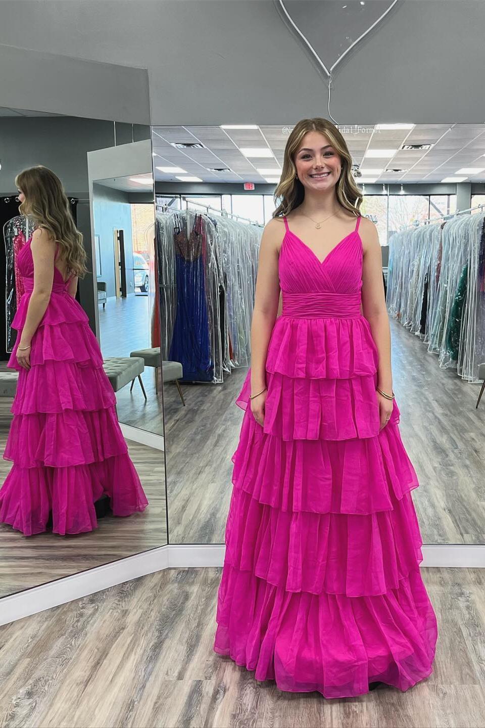 A-line Floor-Length Chiffon Pleated Dress Fuchsia Plus Size