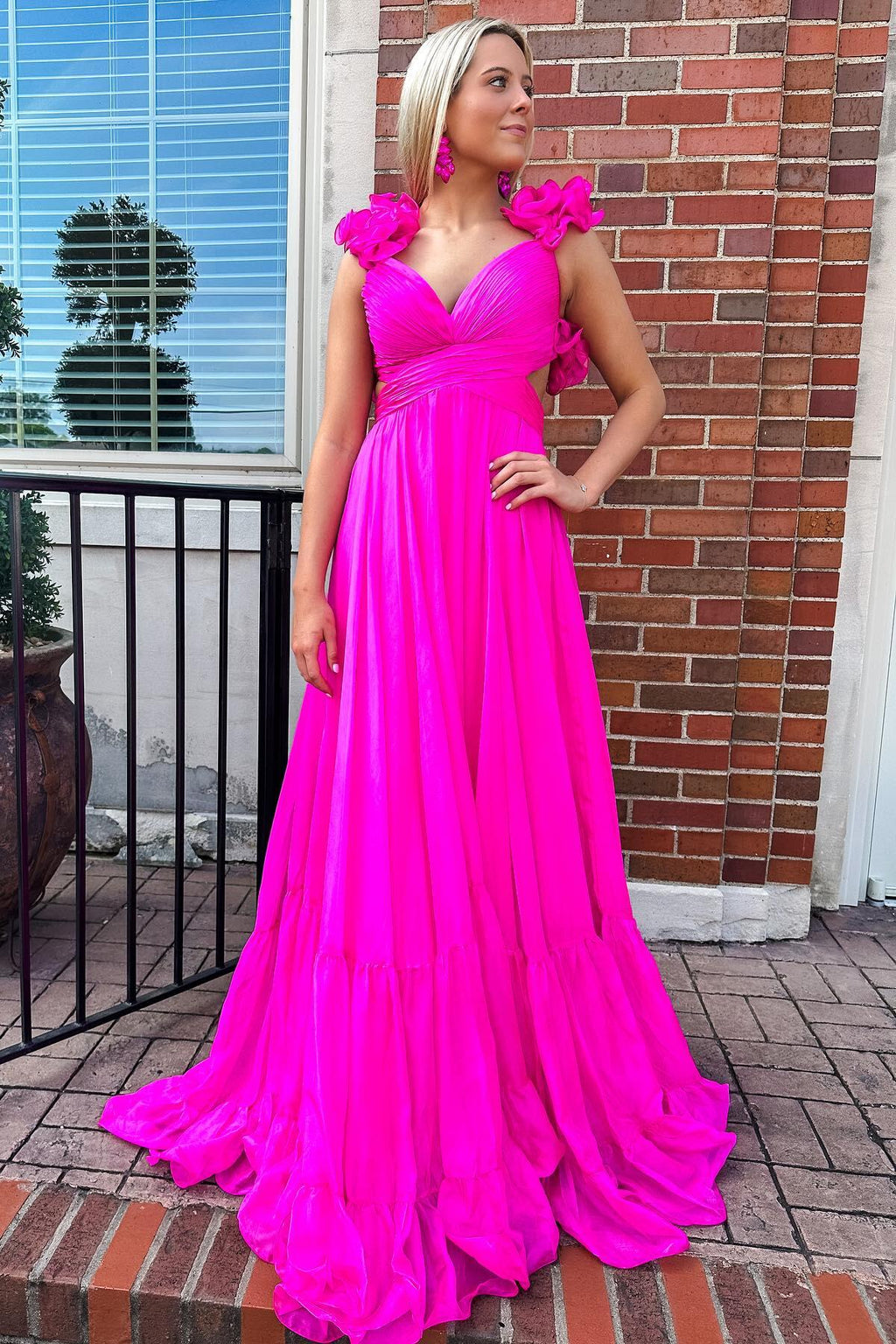 Pleated High Neck Ruffle Chiffon Floor-length Dress Fuchsia main image 1