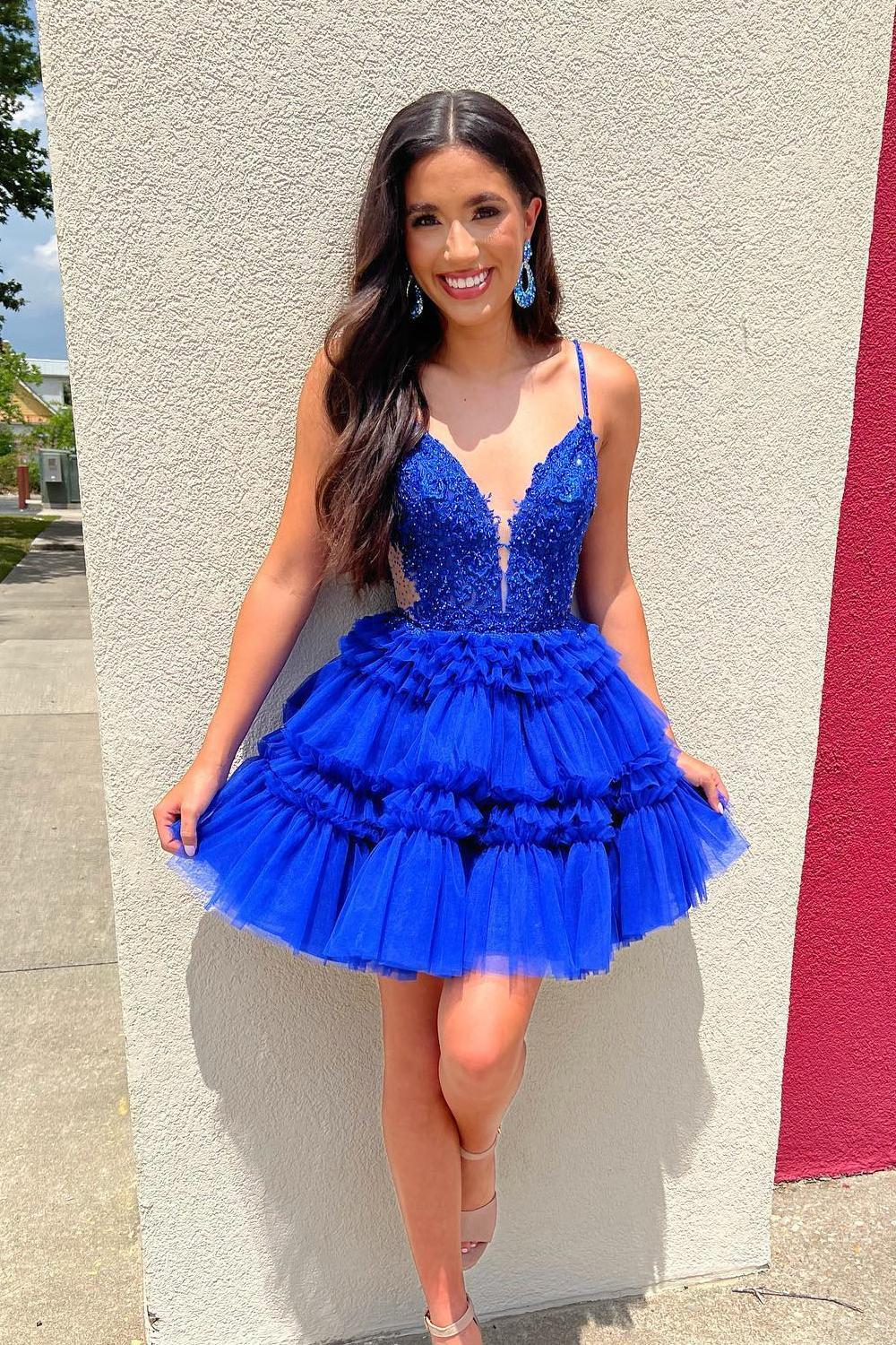 Blue Purple Ruched Cut Out Ruffled Metallic Short Ball Dress main image 0