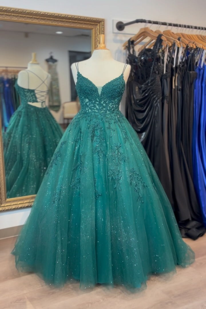 Emerald Spaghetti Strap Off the Shoulder Prom Dress with Sequins and Split