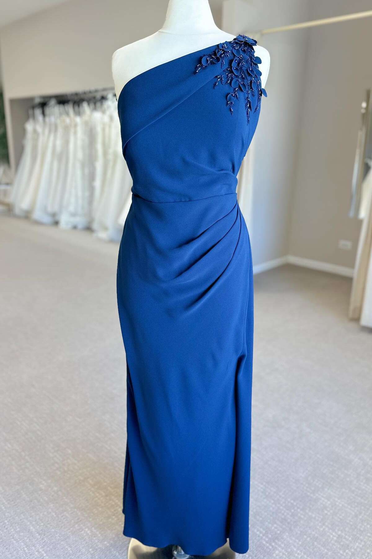 Cobalt Blue One Shoulder Beaded Applique Fitted Mother of the Bride Dress