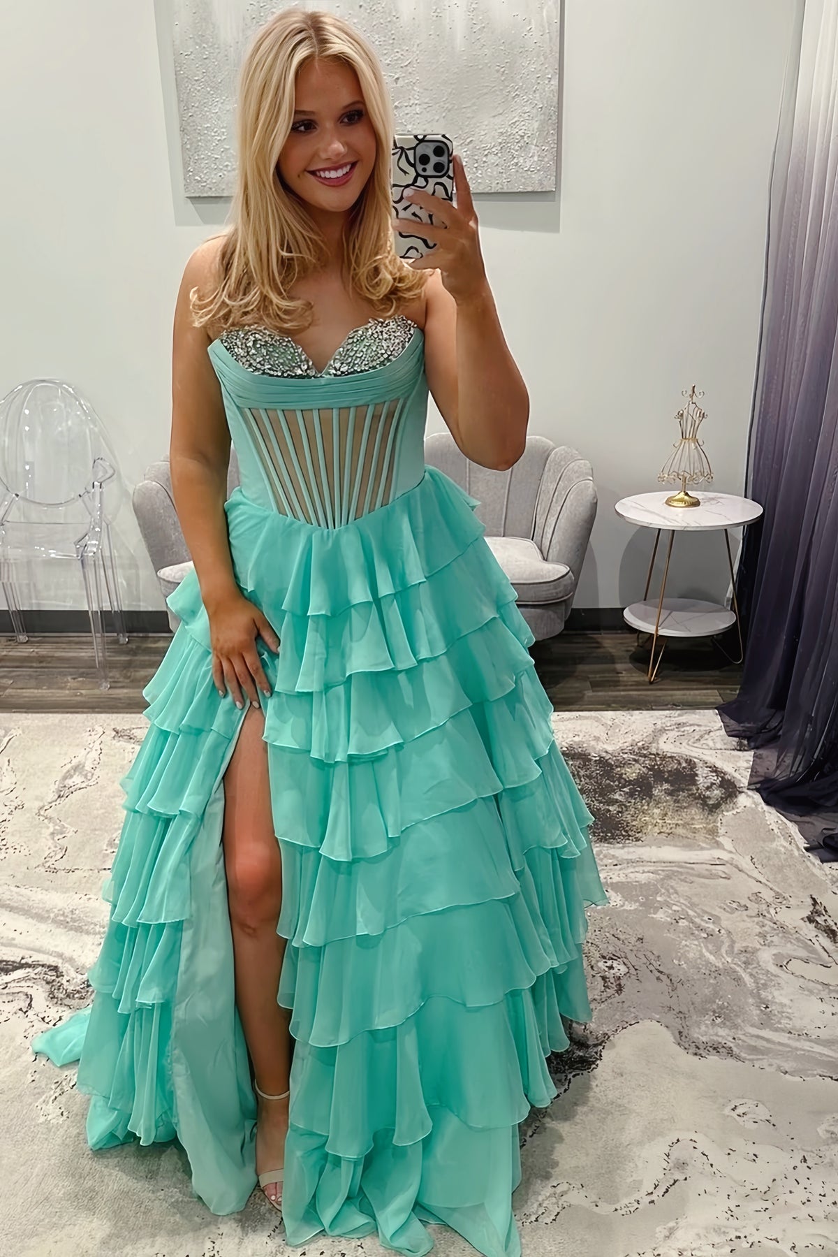 Cyan Rhinestone Side Slit Long Ruffle Dress