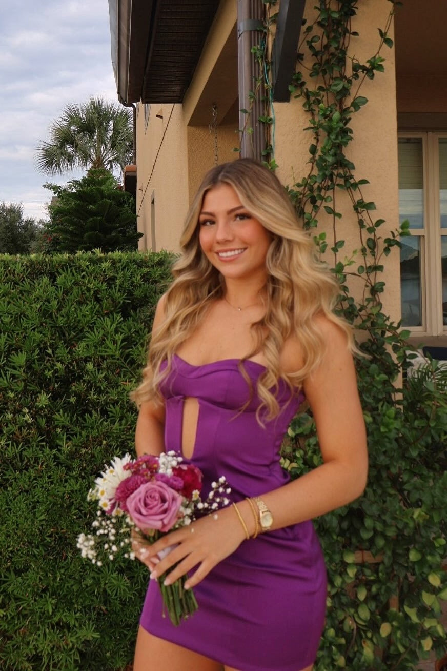 Purple Satin Strapless Cut-Out Mini Dress – Dressesforparty