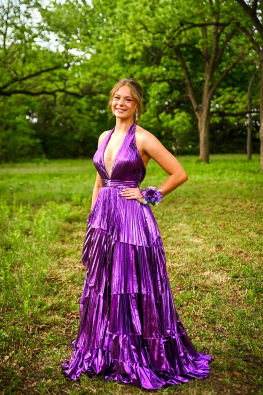 Halter Purple Metallic Pleated Ruffle Long Formal Dress