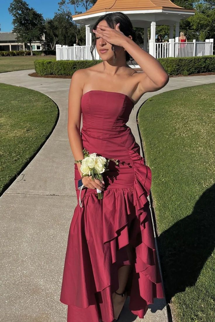 Burgundy Strapless Layered Slit Dress – Dressesforparty
