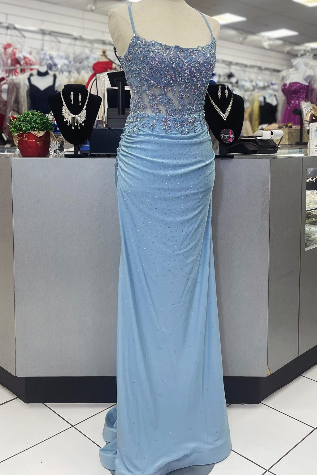 Beaded Light Blue Sheath Long Formal Dress – Dressesforparty