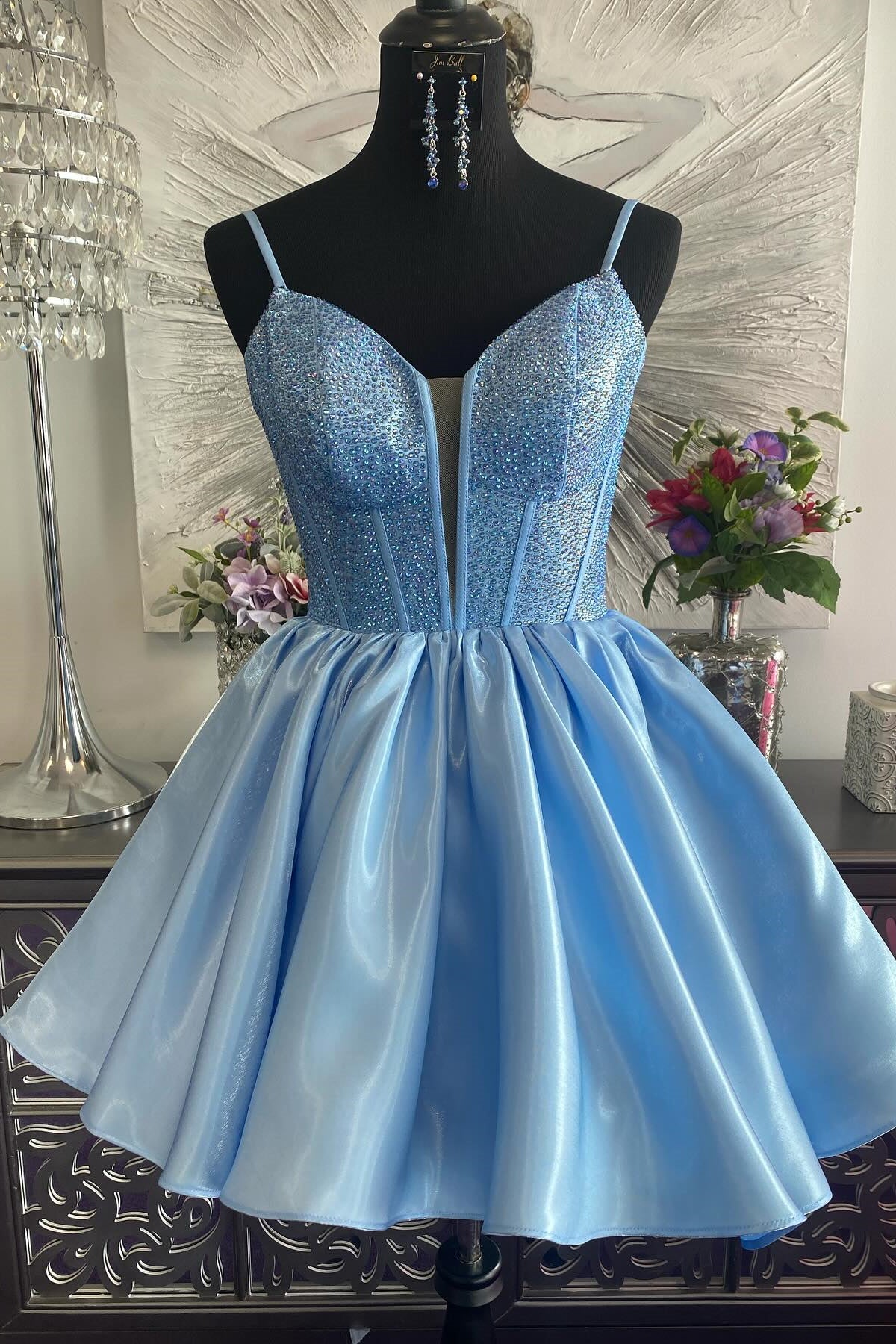 Straps Light Blue Beaded A-line Short Princess Dress