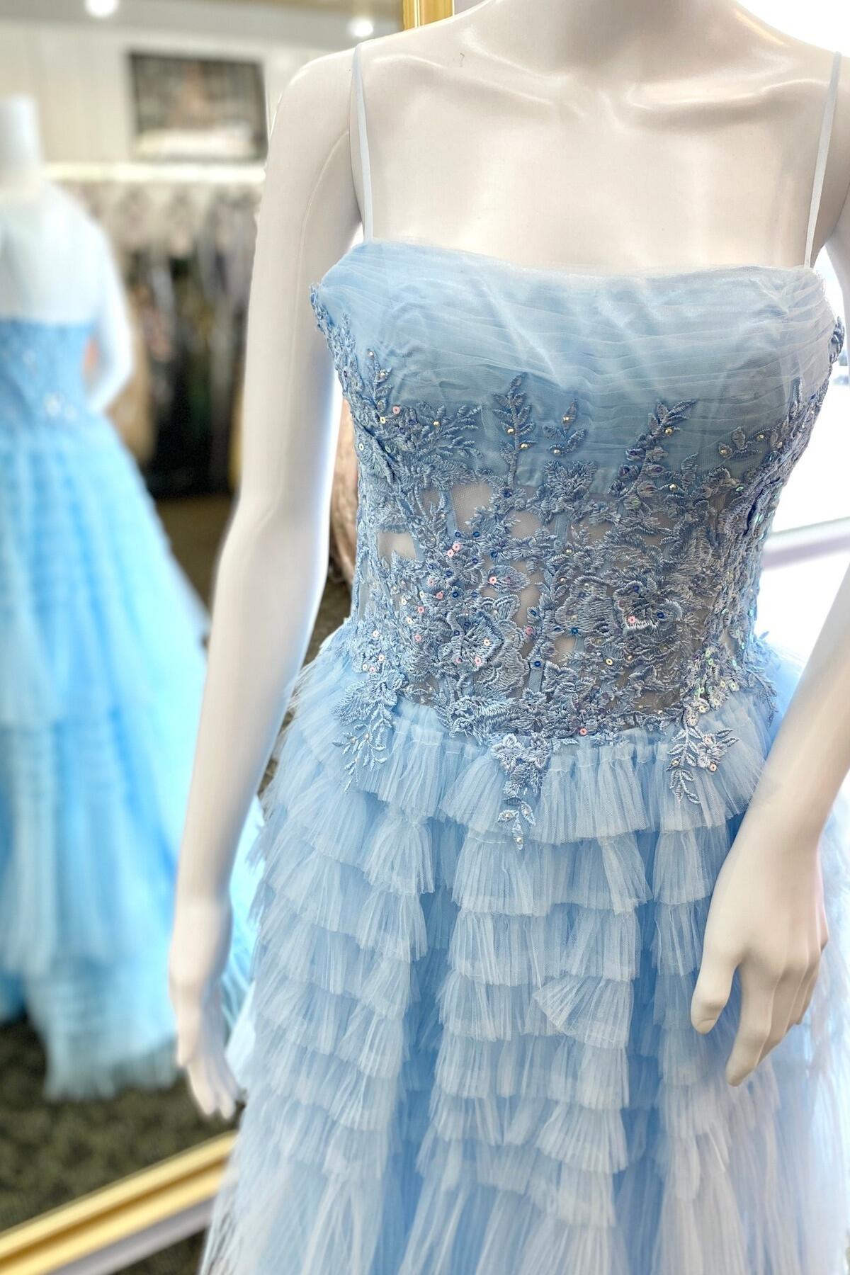 Straps Light Blue Tulle Tiered Formal Gown