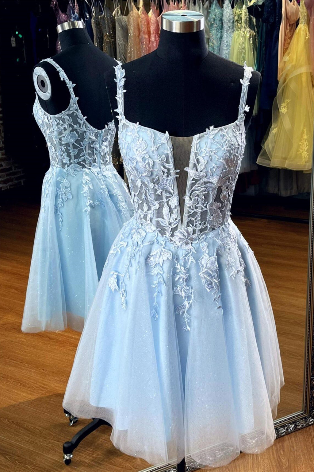 Light Blue Sheer Appliques A-line Short Homecoming Dress – Dressesforparty