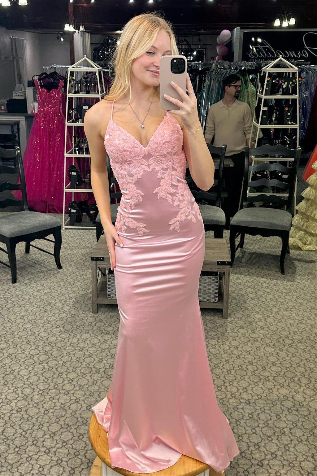 Straps Pink Floral Beaded Mermaid Ruffle Long Dress main image 1