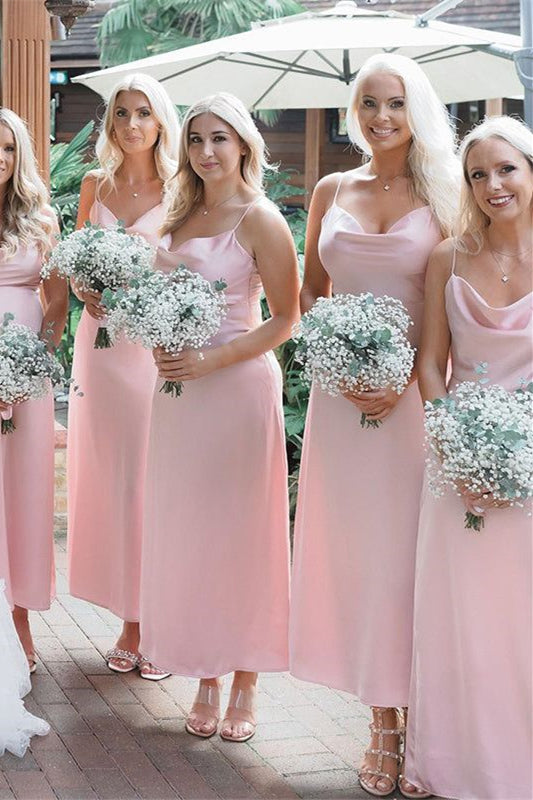 Straps Pink Sheath Tea Length Bridesmaid Dress – Dressesforparty