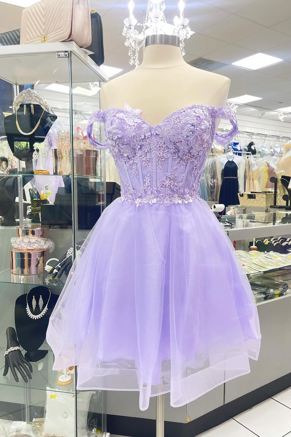 Short Chiffon and Lace Applique Party Dress, Lavender Short Prom Dresses
