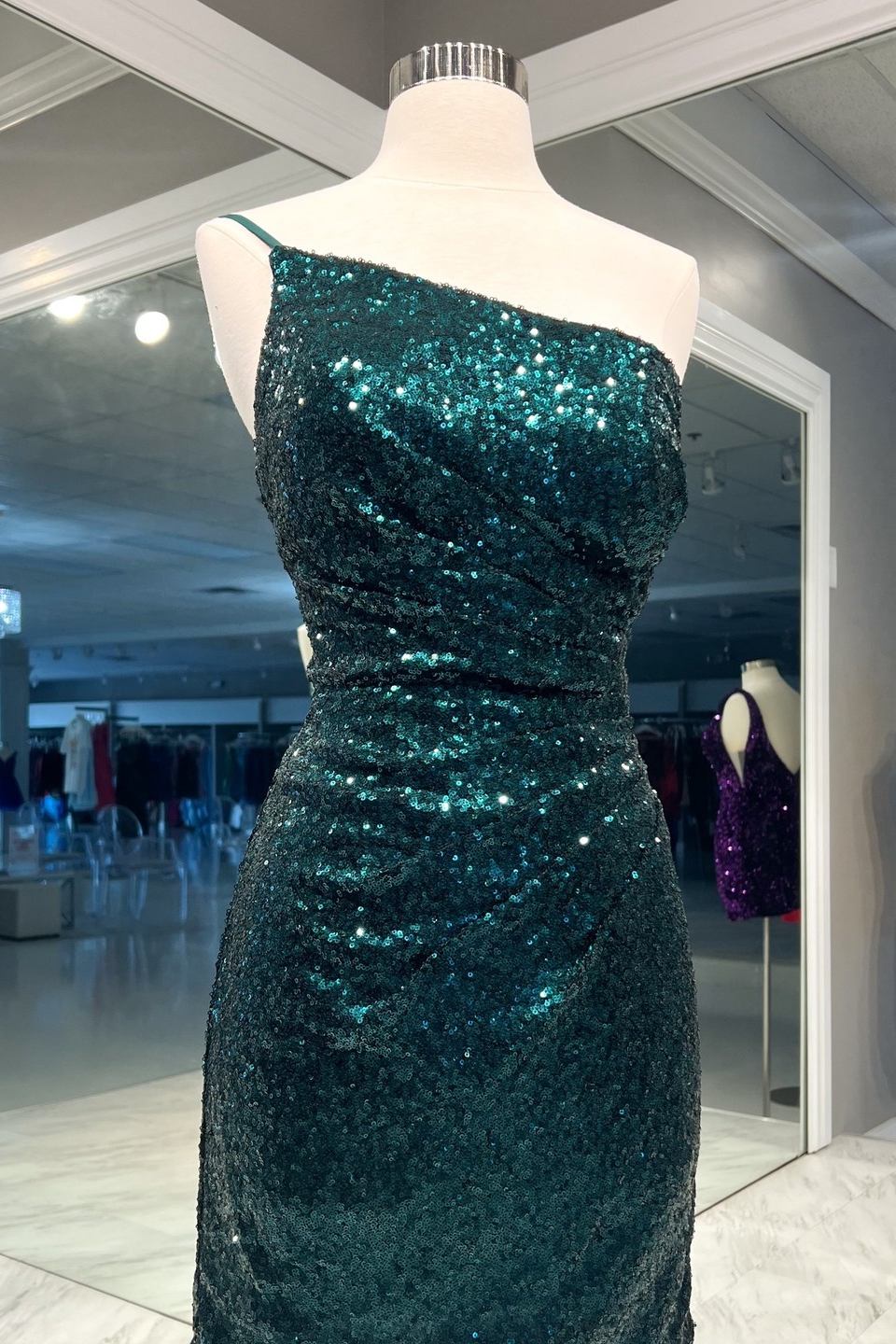 Blue Sequin One Shoulder Ruched Homecoming Dress