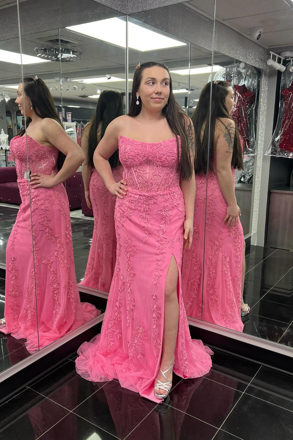 Mermaid V Neck Sleeveless Straps Sweep Pink Lace Prom Dress, Beading main image 1