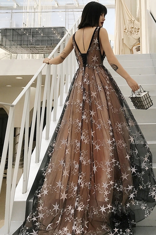 Black Stars Tulle A-line Long Formal Dress