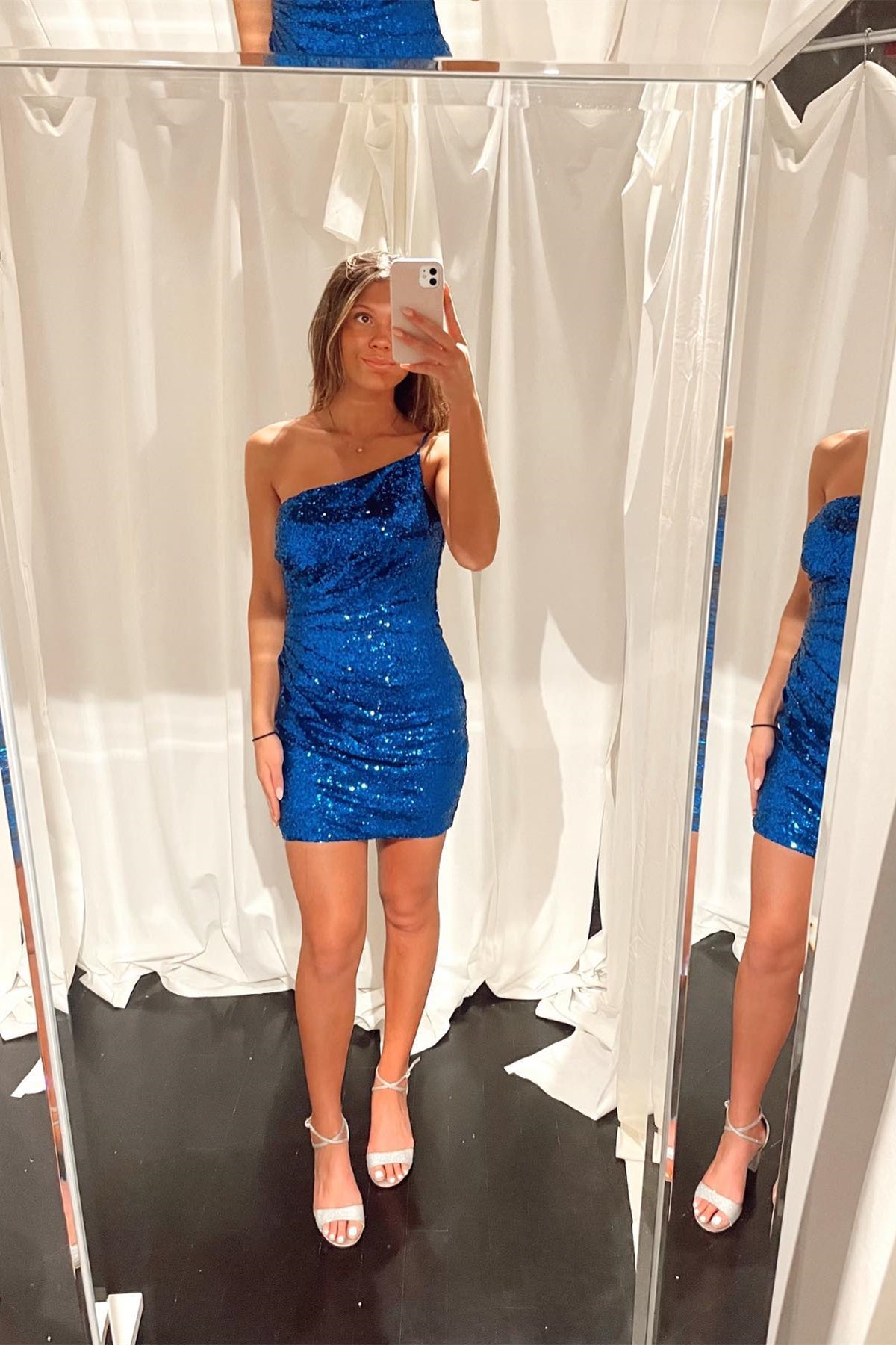 Blue Sequin One Shoulder Ruched Homecoming Dress