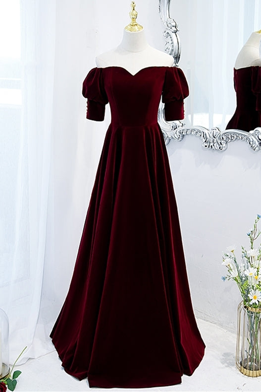 Burgundy Velvet Short Sleeves Long Evening Dress