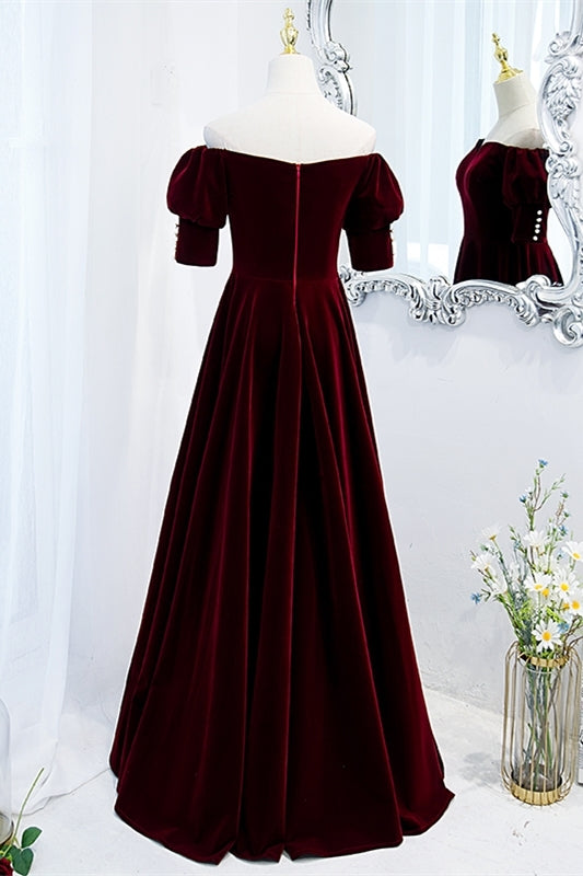 Burgundy Velvet Short Sleeves Long Evening Dress