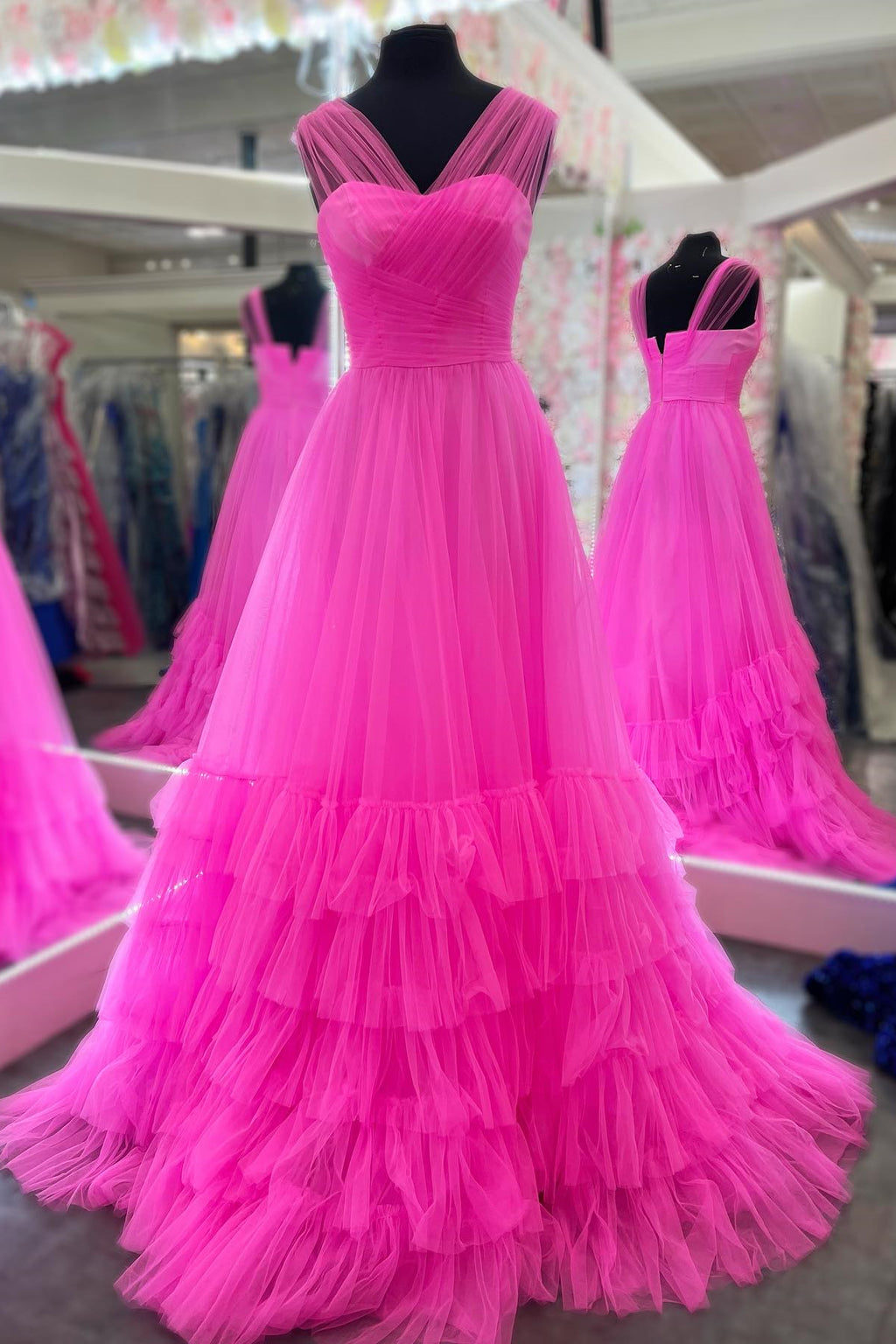 strapless open back dress Cross Front Hot Pink Tulle A-line Long Prom Dress – Dressesforparty
