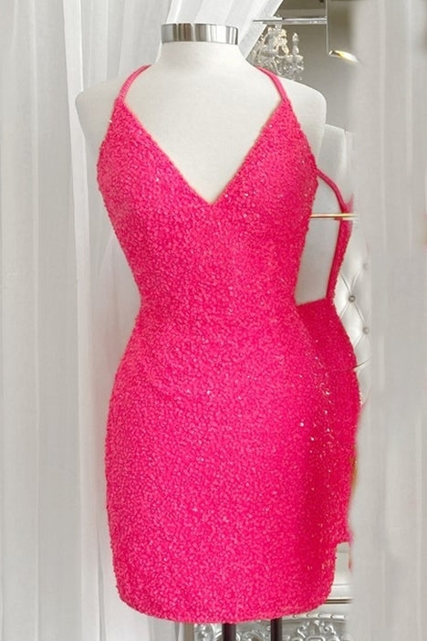 Halter Neon Pink Sequin Bodycon Mini Party Dress