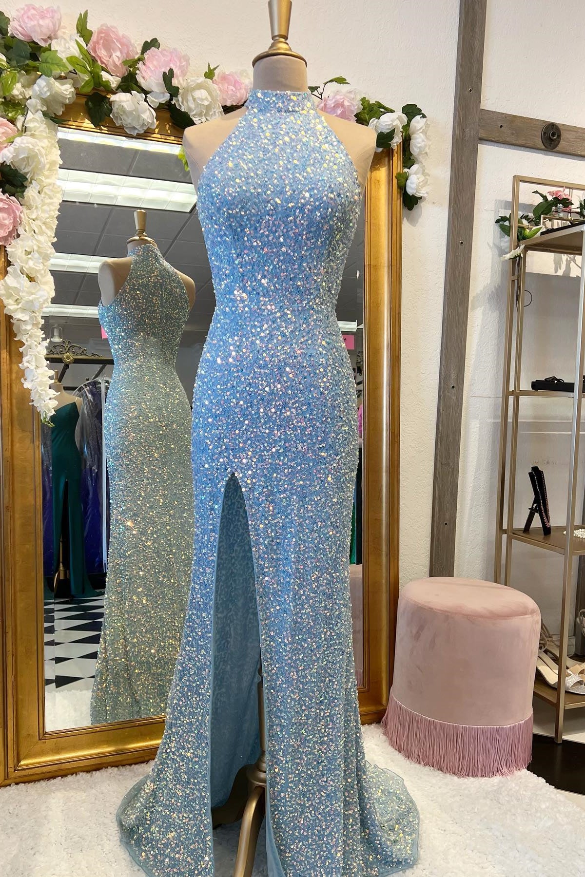 High Neck Baby Blue Sequin Mermaid Long Formal Dress – Dressesforparty