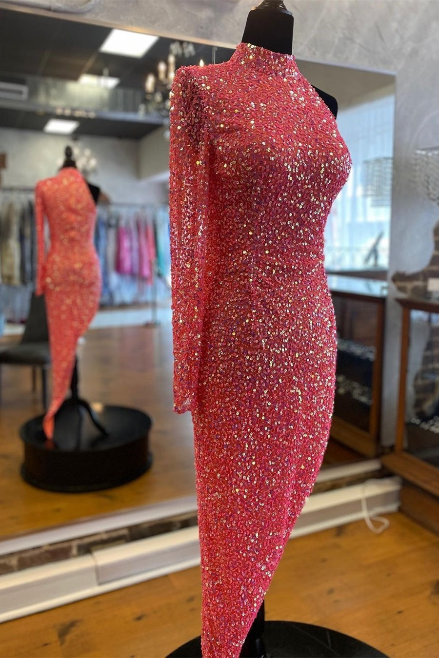 High Neck Tight Sequins Long Dress with Slit