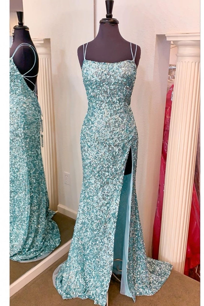 Light Blue One Shoulder Mermaid Prom Dress with Feather Sequins Slit main image 1