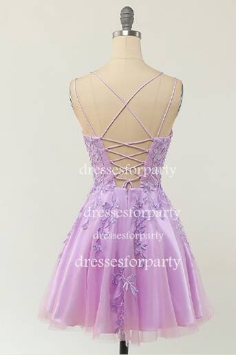 Light Purple Lace Appliques Short A-line Homecoming Dress