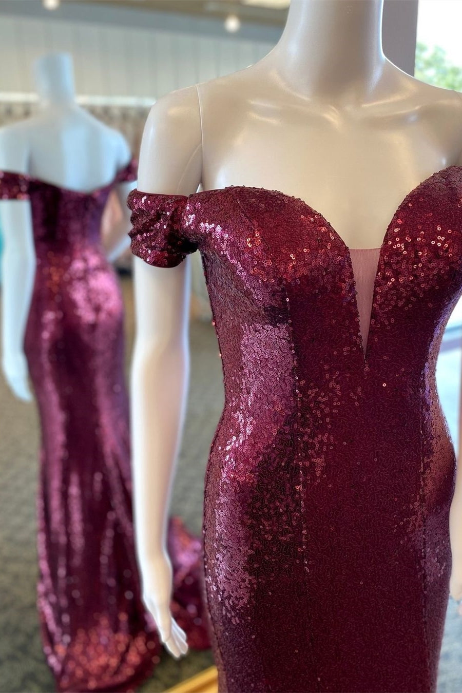 Pretty Mermaid Off The Shoulder Burgundy Sequin Long Evening Dress Prom Dresses main image 1