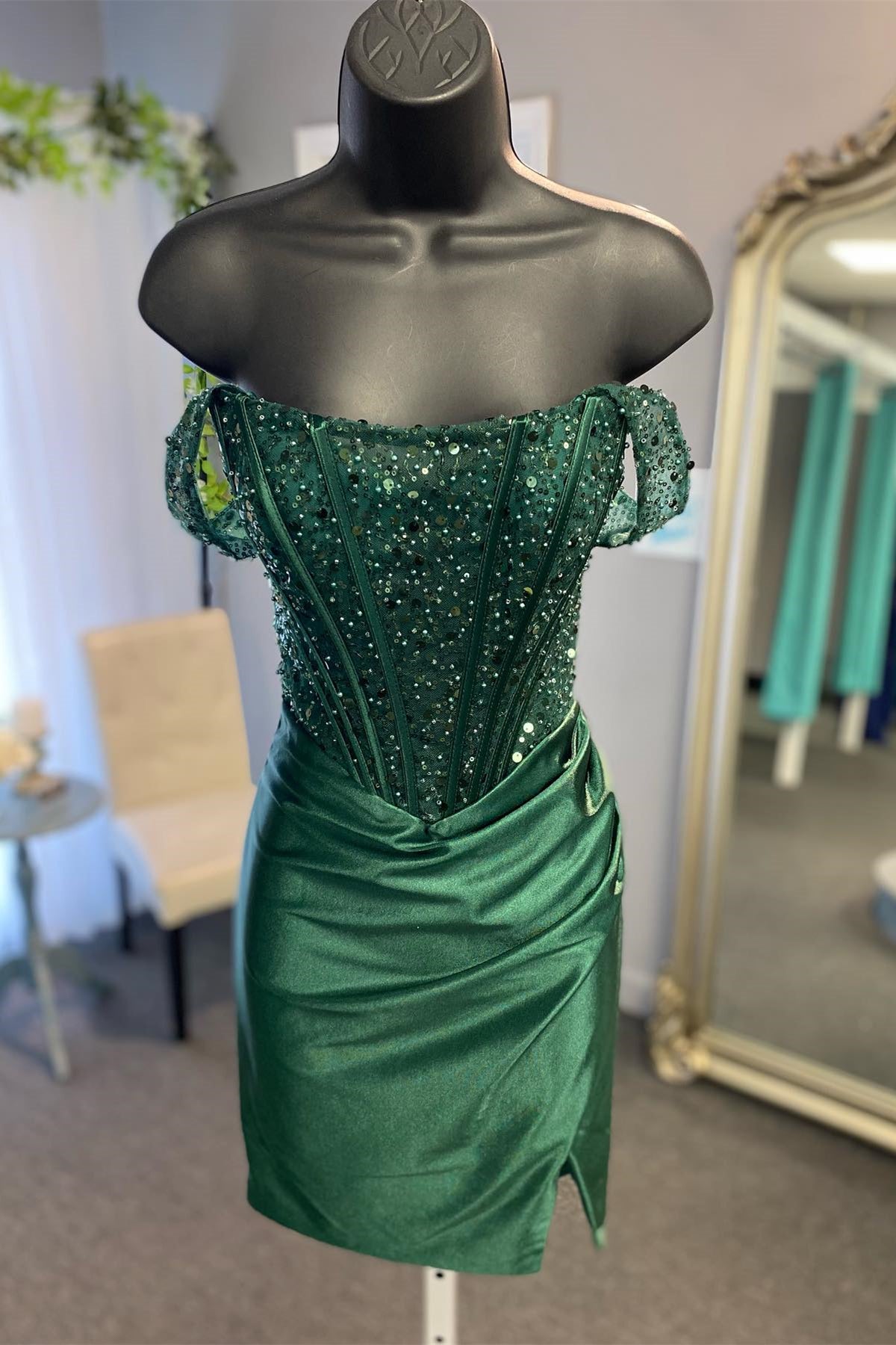 Off the Shoulder Dark Green Satin Mini Dress