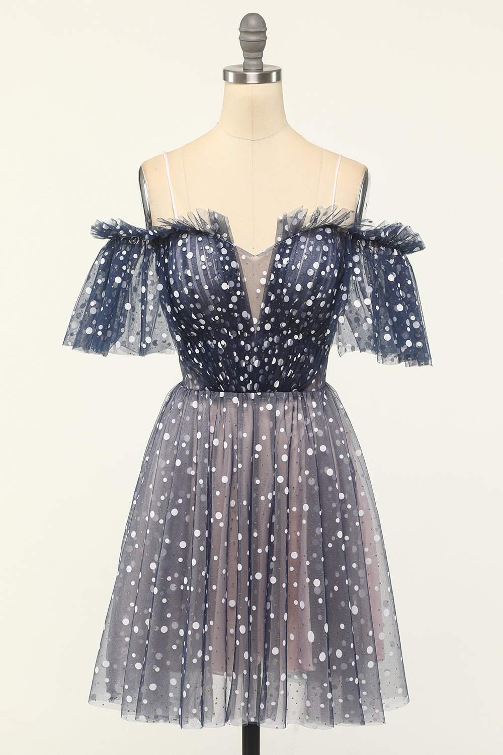 Off the Shoulder Navy Blue and Polk Dot Party Dress