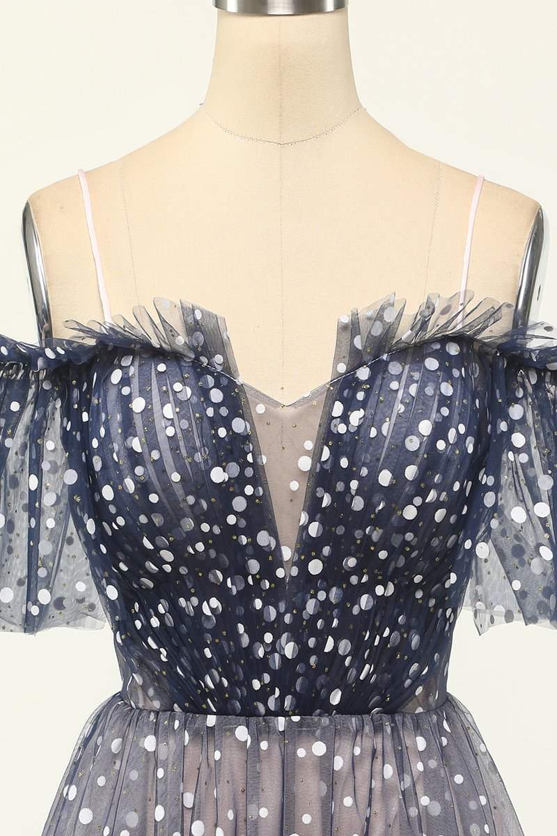 Off the Shoulder Navy Blue and Polk Dot Party Dress