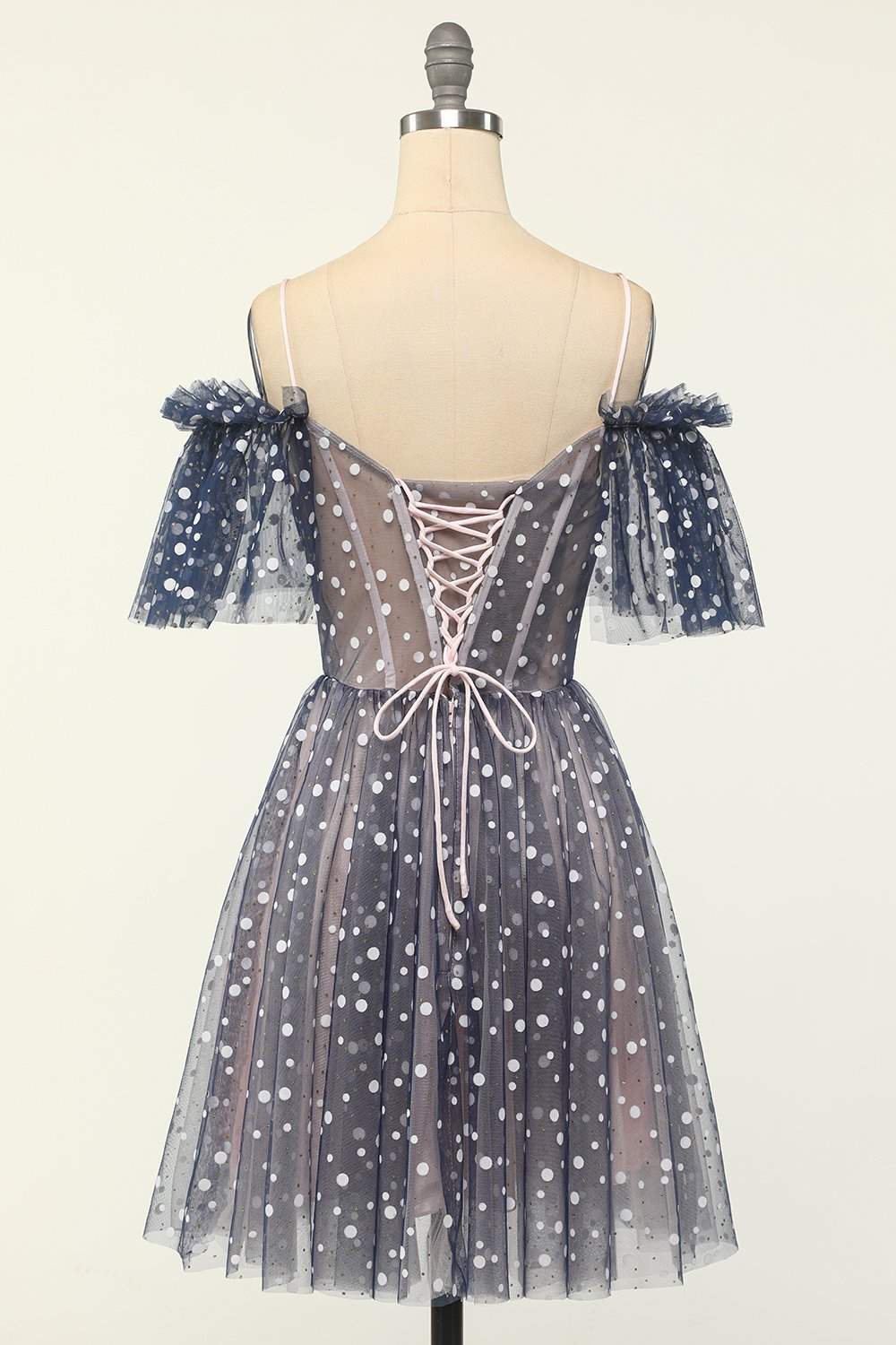 Off the Shoulder Navy Blue and Polk Dot Party Dress