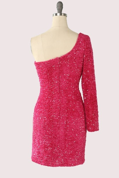 One-shoulder Long Sleeve Hot Pink Sequins Bodycon Mini Dress