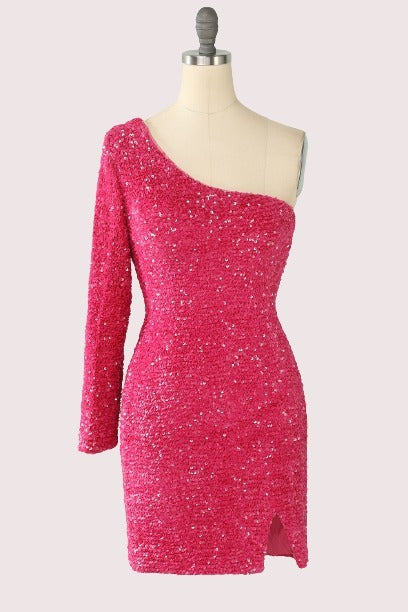 One-shoulder Long Sleeve Hot Pink Sequins Bodycon Mini Dress