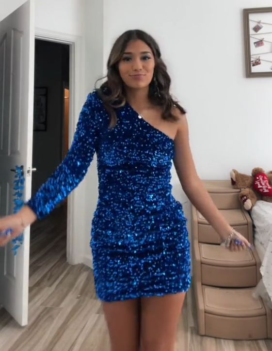 One-shoulder Long Sleeve Hot Pink Sequins Bodycon Mini Dress