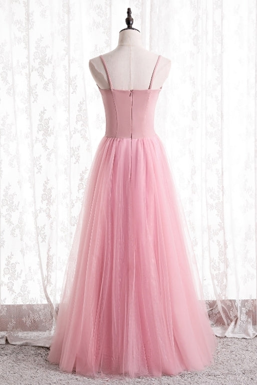 Simple Straps A-line Pink Long Party Dress