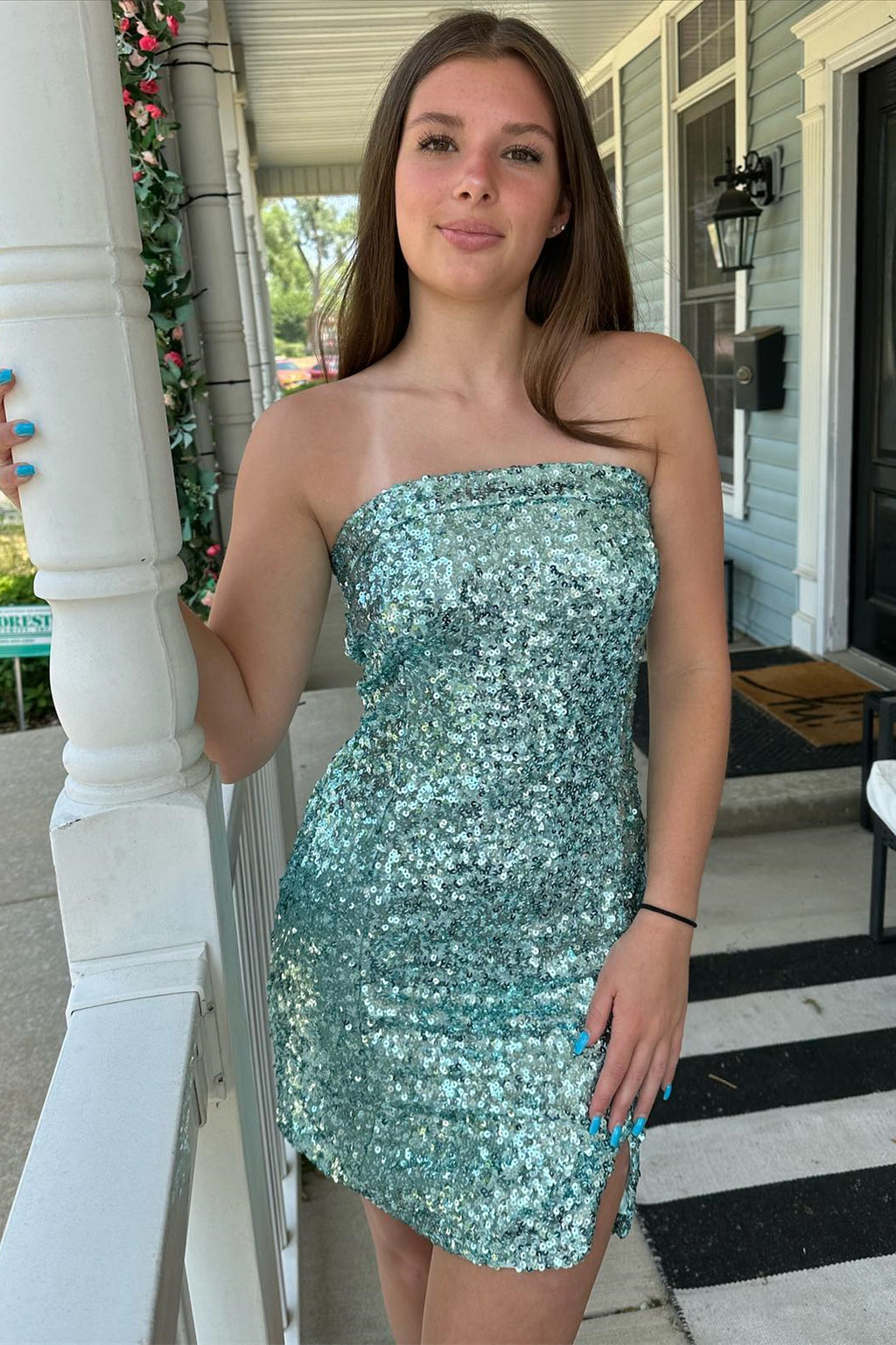 long promotion dresses Cute A Line Green Long Prom Dresses with Slit fg3969