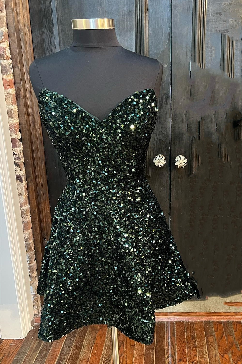 Strapless Dark Green Sequin A-line Short Homecoming Dress