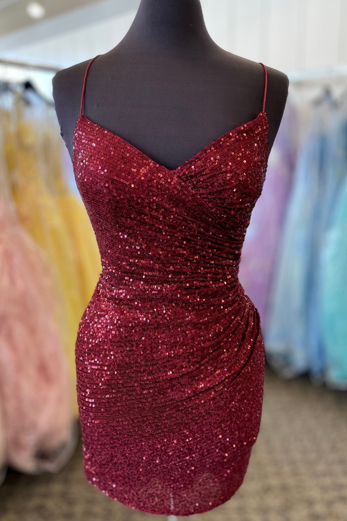 Straps Burgundy Sequin Tight Mini Dress